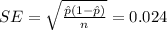 SE =\sqrt{\frac{\hat p (1-\hat p)}{n}}=0.024