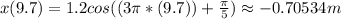x(9.7)=1.2 cos((3 \pi *(9.7))+\frac{\pi}{5} ) \approx -0.70534m