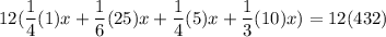 \displaystyle 12(\frac{1}{4}(1)x+\frac{1}{6}(25)x+\frac{1}{4}(5)x+\frac{1}{3}(10)x)=12(432)