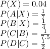 P(X)=0.04\\P(A|X)=\frac{1}{7}\\P(B|X)=\frac{1}{4}\\P(C|B)=\frac{1}{7.5}\\P(D|C)=\frac{1}{2}