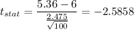 t_{stat} = \displaystyle\frac{5.36 - 6}{\frac{2.475}{\sqrt{100}} } = -2.5858