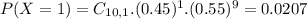 P(X = 1) = C_{10,1}.(0.45)^{1}.(0.55)^{9} = 0.0207