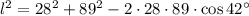 l^{2}=28^{2}+89^{2}-2 \cdot 28 \cdot 89 \cdot \cos 42^\circ