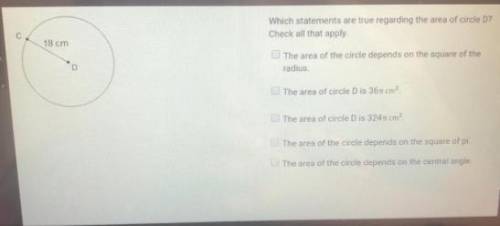 Which statements are true regarding the area of circle D? Select two options. The area of the circle