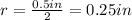 r=\frac{0.5 in}{2}=0.25 in