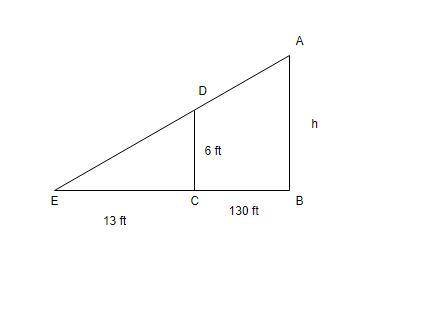 Use similar triangles to solve. A person who is 6 feet tall is standing 130 feet from the base of a