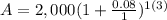 A=2,000(1+\frac{0.08}{1})^{1(3)}