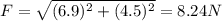 F=\sqrt{(6.9)^2+(4.5)^2}=8.24 N