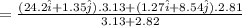 =\frac{(24.2 \hat i +1.35 \hat j) .3.13+( 1.27 \hat i +8.54\hat j). 2.81}{3.13+2.82}