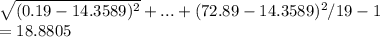 \sqrt{(0.19-14.3589)^2} +...+(72.89-14.3589)^2/19-1\\              = 18.8805