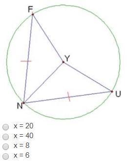 Find the value of x, if m arc fn = 5x – 10 and m= arc un = 3x + 30.