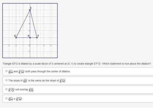 Triangle efg is dilated by a scale factor of 3 centered at (0, 1) to create triangle e'f'g'. which s