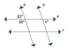 Lines a and b are parallel and lines e and f are parallel. what is the value