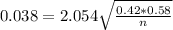 0.038 = 2.054\sqrt{\frac{0.42*0.58}{n}}