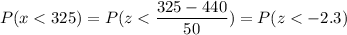 P( x < 325) = P( z < \displaystyle\frac{325 - 440}{50}) = P(z < -2.3)