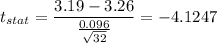 t_{stat} = \displaystyle\frac{3.19 - 3.26}{\frac{0.096}{\sqrt{32}} } = -4.1247