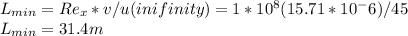 L_{min} = Re_x*v/u(inifinity) = 1*10^8(15.71*10^-6)/45\\ L_{min} =31.4m