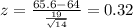z=\frac{65.6-64}{\frac{19}{\sqrt{14} } }=0.32