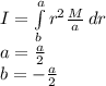 I=\int\limits^a_b {r^{2}\frac{M}{a}  } \, dr\\a=\frac{a}{2} \\b=-\frac{a}{2}