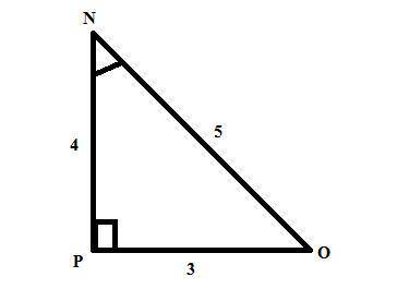 In ΔNOP, the measure of ∠P=90°, ON = 5, PO = 3, and NP = 4. What is the value of the sine of ∠N to t