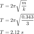 T=2\pi \sqrt{\dfrac{m}{k}} \\\\T=2\pi \sqrt{\dfrac{0.343}{3}} \\\\T=2.12\ s