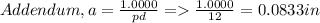 Addendum, a= \frac{1.0000}{pd} = \frac{1.0000}{12} = 0.0833in