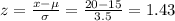 z=\frac{x-\mu}{\sigma}=\frac{20-15}{3.5} = 1.43