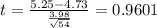 t=\frac{5.25-4.73}{\frac{3.98}{\sqrt{54}}}=0.9601