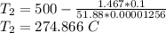 T_2=500-\frac{1.467*0.1}{51.88*0.00001256} \\T_2=274.866\ C