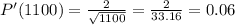 P'(1100)=\frac{2}{\sqrt{1100} } =\frac{2}{33.16} =0.06