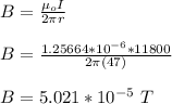 B = \frac{\mu_oI}{2 \pi r} \\\\B = \frac{1.25664 *10^{-6}*11800}{2 \pi (47)} \\\\B = 5.021 *10^{-5} \ T