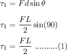 \tau_1=Fd\sin \theta\\\\\tau_1=\dfrac{FL}{2}\sin (90)\\\\\tau_1=\dfrac{FL}{2}\ ..........(1)