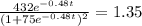 \frac{432e^{-0.48t}}{(1+75e^{-0.48t})^{2}}=1.35