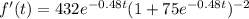 f'(t)=432e^{-0.48t}(1+75e^{-0.48t})^{-2}