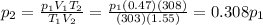 p_2 = \frac{p_1 V_1 T_2}{T_1 V_2}=\frac{p_1 (0.47)(308)}{(303)(1.55)}=0.308p_1