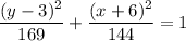 \dfrac{(y-3)^2}{169}+\dfrac{(x+6)^2}{144}=1