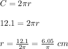 C=2\pi r\\\\12.1=2\pi r\\\\r=\frac{12.1}{2\pi}=\frac{6.05}{\pi}\ cm