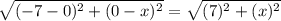 \sqrt{(-7-0)^2+(0-x)^{2}}=\sqrt{(7)^2+(x)^{2}}