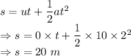 s=ut+\dfrac{1}{2}at^2\\\Rightarrow s=0\times t+\dfrac{1}{2}\times 10\times 2^2\\\Rightarrow s=20\ m
