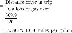 =\dfrac{\text{Distance cover in trip}}{\text{Gallons of gas used}}\\\\=\dfrac{369.9}{20}\\\\=18.495\approx 18.50\text{ miles per gallon}