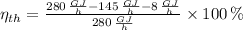 \eta_{th} = \frac{280\,\frac{GJ}{h}-145\,\frac{GJ}{h}-8\,\frac{GJ}{h} }{280\,\frac{GJ}{h} } \times 100\,\%
