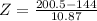 Z = \frac{200.5 - 144}{10.87}