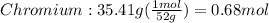 Chromium: 35.41g(\frac{1mol}{52g})=0.68mol
