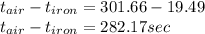 t_{air} - t_{iron} = 301.66 - 19.49\\ t_{air} - t_{iron} = 282.17 sec