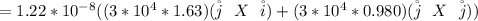 = 1.22 *10^{-8} ((3*10^4 * 1.63)(\r j \ \  X \ \  \r i) + (3*10^4 * 0.980) (\r j \ \ X \ \  \r  j))