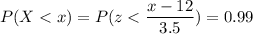 P( X < x) = P( z < \displaystyle\frac{x - 12}{3.5})=0.99