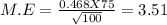 M.E = \frac{0.468 X 75 }{\sqrt{100} } = 3.51