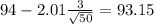 94-2.01\frac{3}{\sqrt{50}}=93.15