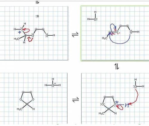 Complete the electron pushing mechanism for the formation of the following cyclic acetal under acidi