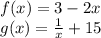 f(x)=3-2x\\g(x)=\frac{1}{x}+15